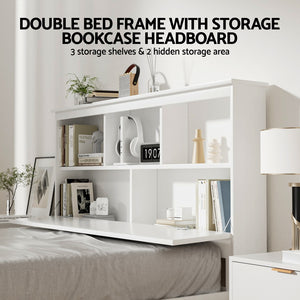 Double Bed Frame | Wooden Bed Base | Headboard with 3 Shelves | White