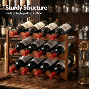 Artiss Bamboo Wine Rack 3-Tier Display Storage Organizer 12 Bottle Walnut