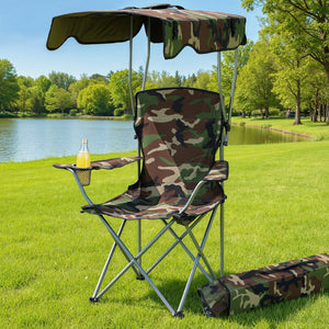 Camping Chair with Canopy | Folding Portable Seat | 120kg Capacity | Army Green