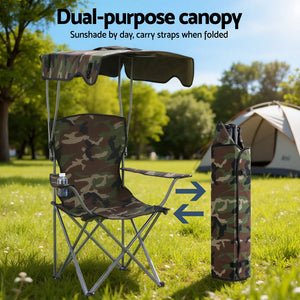 Camping Chair with Canopy | Folding Portable Seat | 120kg Capacity | Army Green