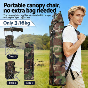 Camping Chair with Canopy | Folding Portable Seat | 120kg Capacity | Army Green