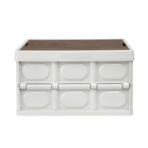 Collapsible Storage Box | 50L | Stackable Folding Camping Organiser | Plywood Lid | Beige