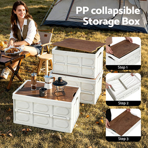 Collapsible Storage Box | 50L | Stackable Folding Camping Organiser | Plywood Lid | Beige