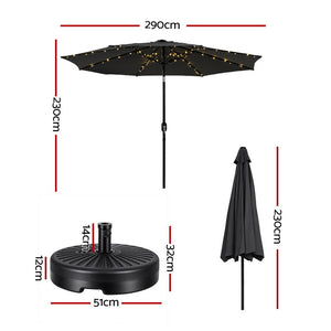 Market Umbrella | 2.9m | With Base + String Lights | Black