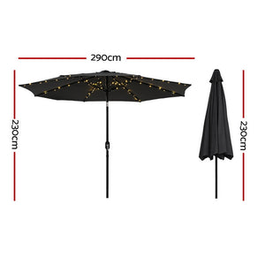 Patio Umbrella | 2.9m | Tilt + String Lights | Black