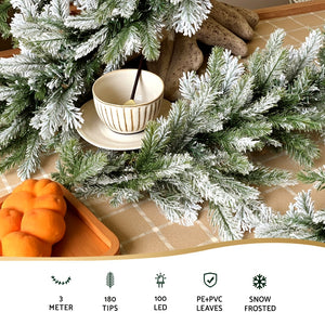 Christmas Garland 3m | Pre-Lit LED Lights | Snow Frosted Tips | Green Xmas Decoration