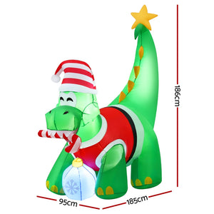 Inflatable Christmas Dinosaur 1.86m | LED Light Up Xmas Decoration | Outdoor & Indoor Use