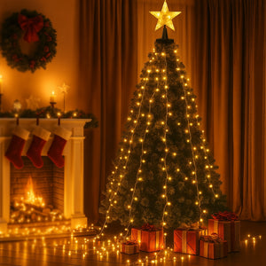 Christmas Lights Waterfall 2.5m | 300 LED String Lights with Star Topper | Indoor & Outdoor Xmas Decoration