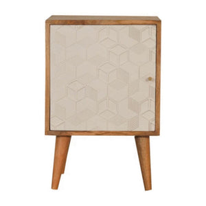 Acadia Cube Carved Bedside Table | Solid Mango Wood | Oak & White Finish | 1 Door Storage