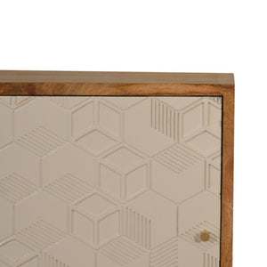 Acadia Cube Carved Bedside Table | Solid Mango Wood | Oak & White Finish | 1 Door Storage