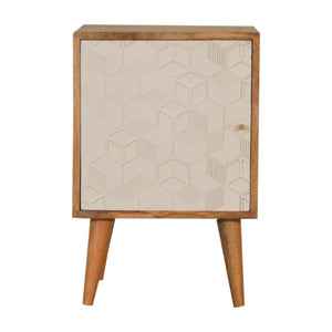 Acadia Cube Carved Bedside Table | Solid Mango Wood | Oak & White Finish | 1 Door Storage