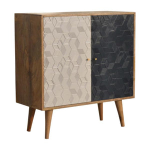 Acadia Navy & White Storage Cabinet | Solid Mango Wood | Oak Finish | 2 Carved Doors