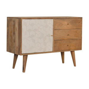Acadia White Sideboard | Solid Mango Wood | Oak Finish | 1 Carved Door & 3 Drawers