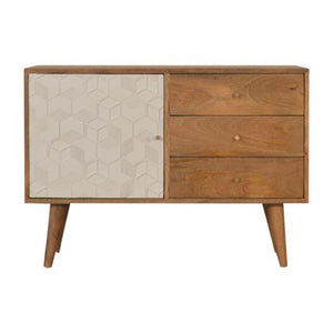 Acadia White Sideboard | Solid Mango Wood | Oak Finish | 1 Carved Door & 3 Drawers