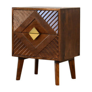 Alma Brass Inlay Bedside Table | Solid Mango Wood | Chestnut Finish | Ridged Front