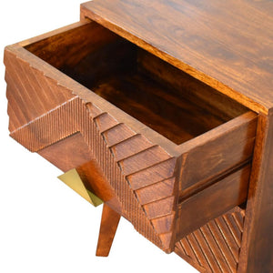 Alma Brass Inlay Bedside Table | Solid Mango Wood | Chestnut Finish | Ridged Front