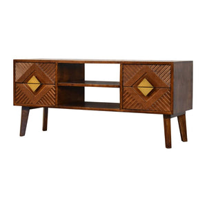 Alma Brass Inlay Media Unit | Solid Mango Wood | Chestnut Finish | 2 Open Shelves