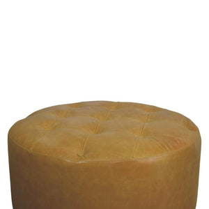 Amara Round Leather Coffee Table | Tufted Tan Upholstery | Solid Mango Wood Feet | Amber Oak Finish