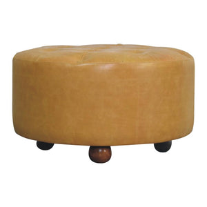 Amara Round Leather Coffee Table | Tufted Tan Upholstery | Solid Mango Wood Feet | Amber Oak Finish