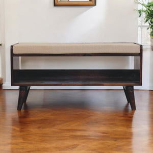 Arden Bedroom Bench | Solid Mango Wood | California Walnut Finish | Mud Linen Upholstered Seat