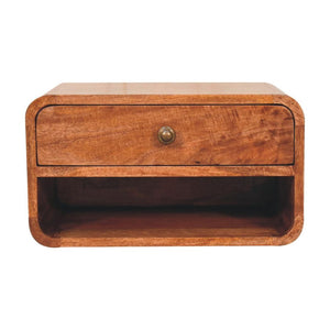 Arden Floating Bedside Table | Solid Mango Wood | Honey Caramel Finish | 1 Drawer Wall Mounted Nightstand with Open Shelf