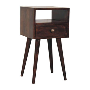 Arlo Compact Bedside Table | Solid Mango Wood | California Walnut Finish | 1 Drawer Nightstand with Open Shelf