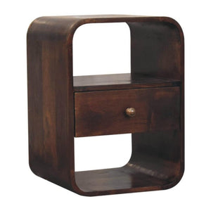 Arlo Curved Bedside Table | Solid Mango Wood | California Walnut Finish | 1 Drawer with Open Shelves