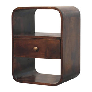 Arlo Curved Bedside Table | Solid Mango Wood | California Walnut Finish | 1 Drawer with Open Shelves