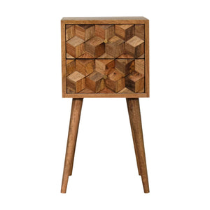 Asha Mini Bedside Table | Carved Mango Wood | Oak Finish | 2 Drawers