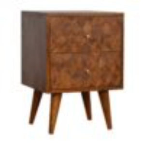 Assorted Pattern Bedside Table | Solid Mango Wood | Chestnut Finish | Compact Storage