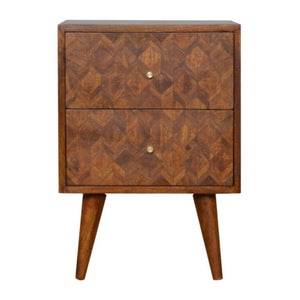 Assorted Pattern Bedside Table | Solid Mango Wood | Chestnut Finish | Compact Storage