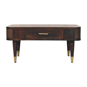 Belmont Coffee Table | Solid Mango Wood | Velvet Mocha Finish | 1 Drawer Coffee Table with Rattan Panels