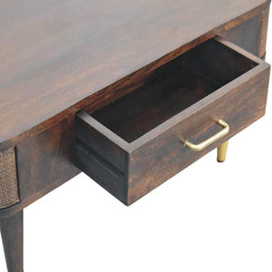 Belmont Coffee Table | Solid Mango Wood | Velvet Mocha Finish | 1 Drawer Coffee Table with Rattan Panels