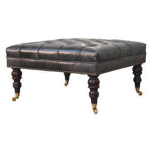 Black Leather Upholstered Ottoman | Footstool | Accent Seat