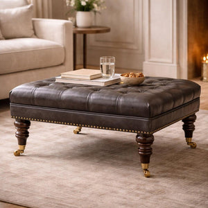Black Leather Upholstered Ottoman | Footstool | Accent Seat