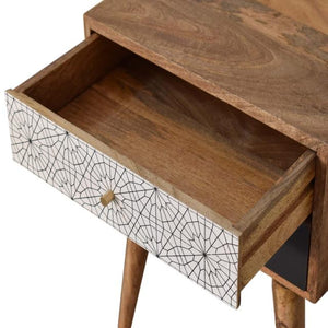 Black Patterned Bedside Table | Solid Mango Wood | Oak Finish | 2 Drawers