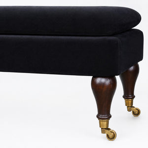 Black Velvet Castor Bench | Solid Mango Wood | Button Tufted Upholstery | Classic Seating