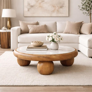 Bola Round Coffee Table | Solid Mango Wood | Marble Top | Oakish Finish