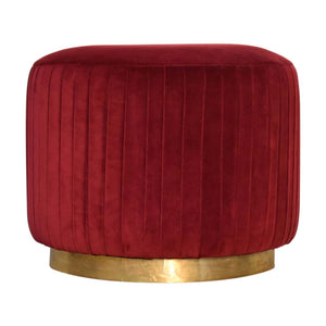 Bordeaux Pleated Velvet Footstool | Wine Red Cotton Velvet | Gold Brass Base