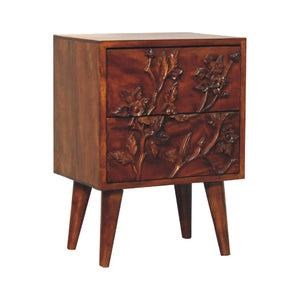 Botanic Carved Bedside Table | Solid Neem Wood | Chestnut Finish | Floral Drawer Storage