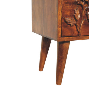 Botanic Carved Bedside Table | Solid Neem Wood | Chestnut Finish | Floral Drawer Storage