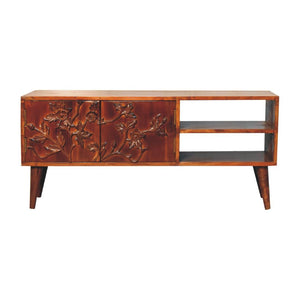 Botanic Carved Media Unit | Solid Neem Wood | Chestnut Finish | 2 Shelves & 2 Doors