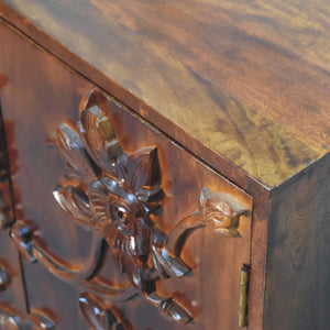 Botanic Floral Storage Cabinet | Solid Neem Wood | Chestnut Finish | Carved Door Storage