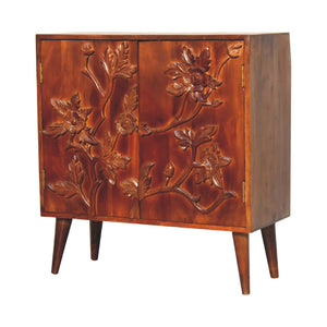 Botanic Floral Storage Cabinet | Solid Neem Wood | Chestnut Finish | Carved Door Storage