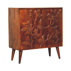 Botanic Floral Storage Cabinet | Solid Neem Wood | Chestnut Finish | Carved Door Storage