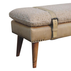 Bouclé & Buffalo Leather Bench | Beige Hide | Mixed Upholstery