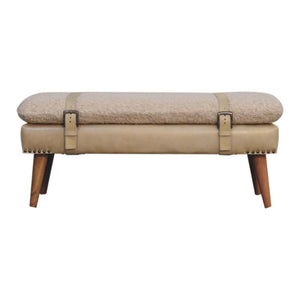 Bouclé & Buffalo Leather Bench | Beige Hide | Mixed Upholstery