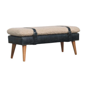 Bouclé & Buffalo Leather Bench | Black Hide | Mixed Upholstery