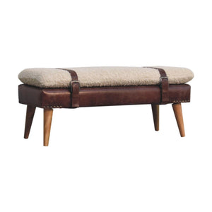 Bouclé & Buffalo Leather Bench | Brown Hide | Mixed Upholstery