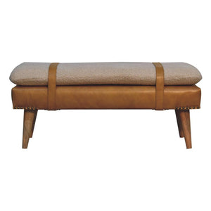Bouclé & Olive Green Buffalo Hide Leather Bench | Upholstered Accent Seating